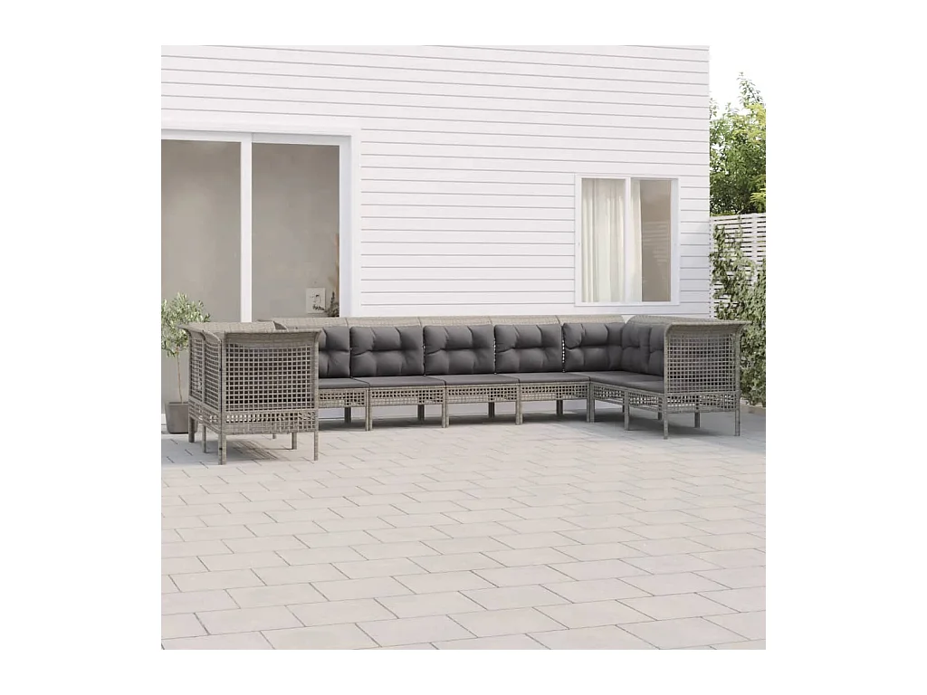 Salon de jardin 9 pcs avec coussins Gris Résine tressée
