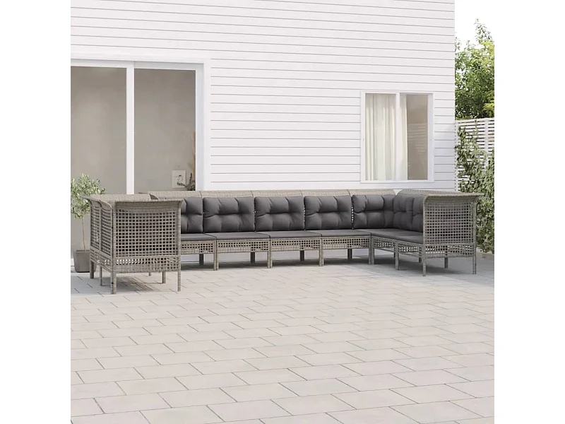 Salon de jardin 9 pcs avec coussins Gris Résine tressée