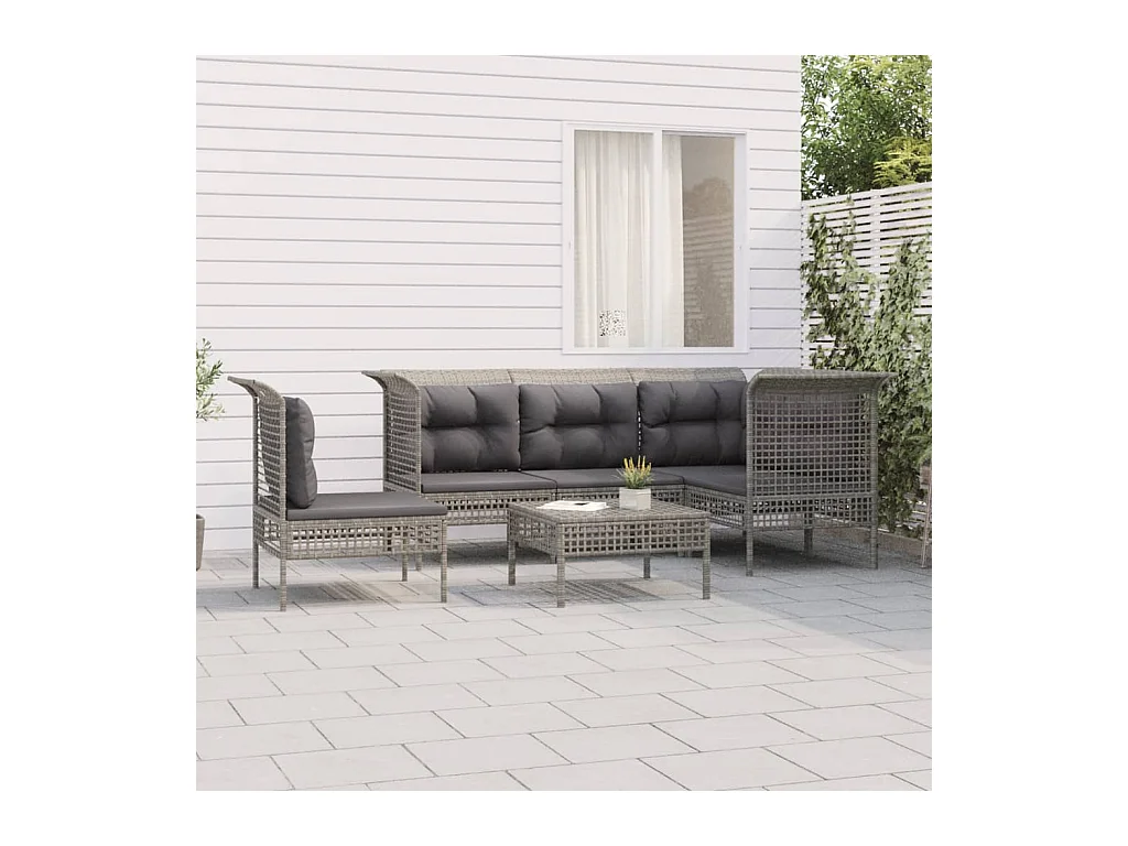 6-delige Loungeset met kussens poly rattan grijs