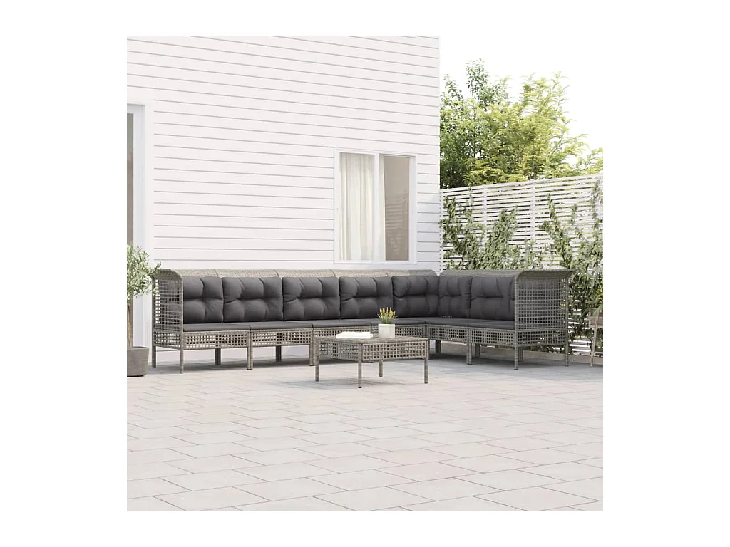 Salon de jardin 8 pcs avec coussins Gris Résine tressée