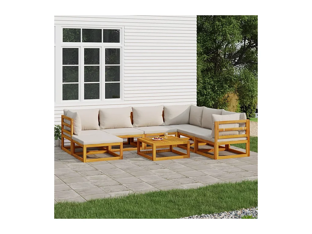 Salon de jardin 8 pcs avec coussins gris clair bois massif
