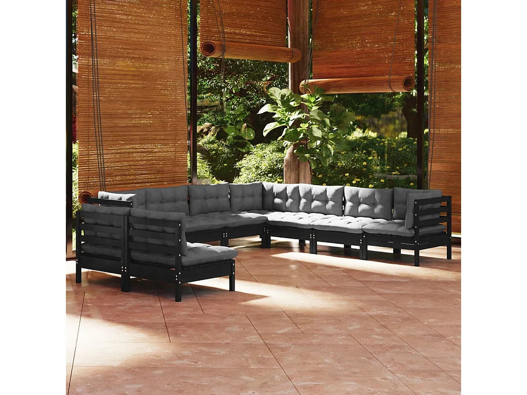 Salon de jardin 9 pcs avec coussins Noir Bois de pin massif
