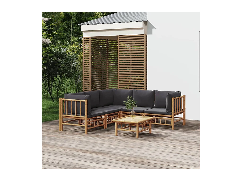 Salon de jardin 6 pcs avec coussins gris foncé bambou