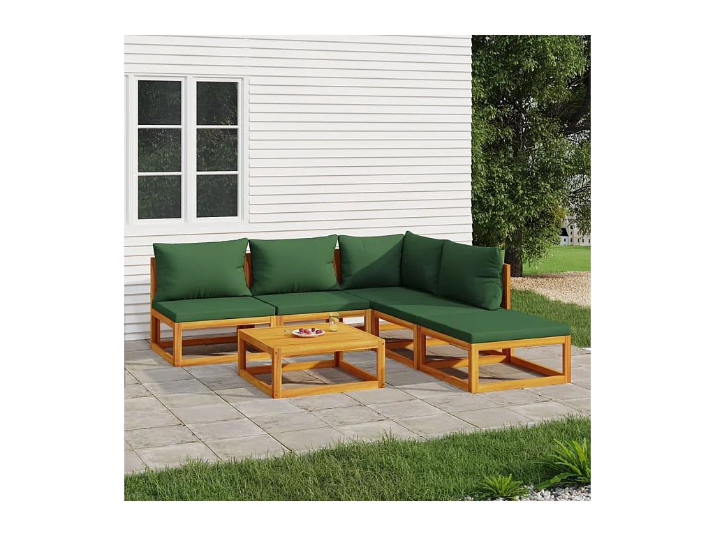 Salon de jardin 6 pcs avec coussins vert bois massif