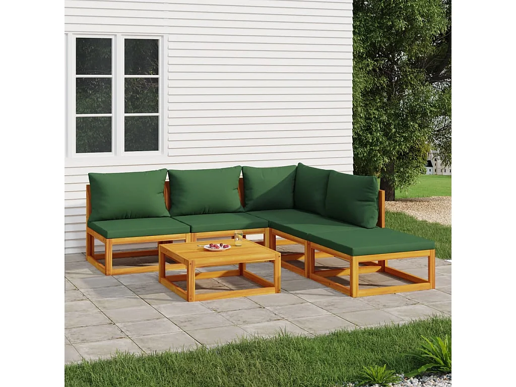 Salon de jardin 6 pcs avec coussins vert bois massif
