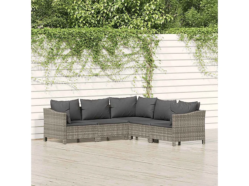 5-tlg. Garten-Lounge-Set mit Kissen Grau Poly Rattan
