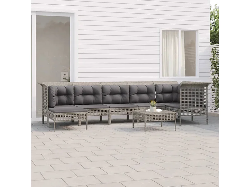 8-tlg. Garten-Lounge-Set mit Kissen Grau Poly Rattan