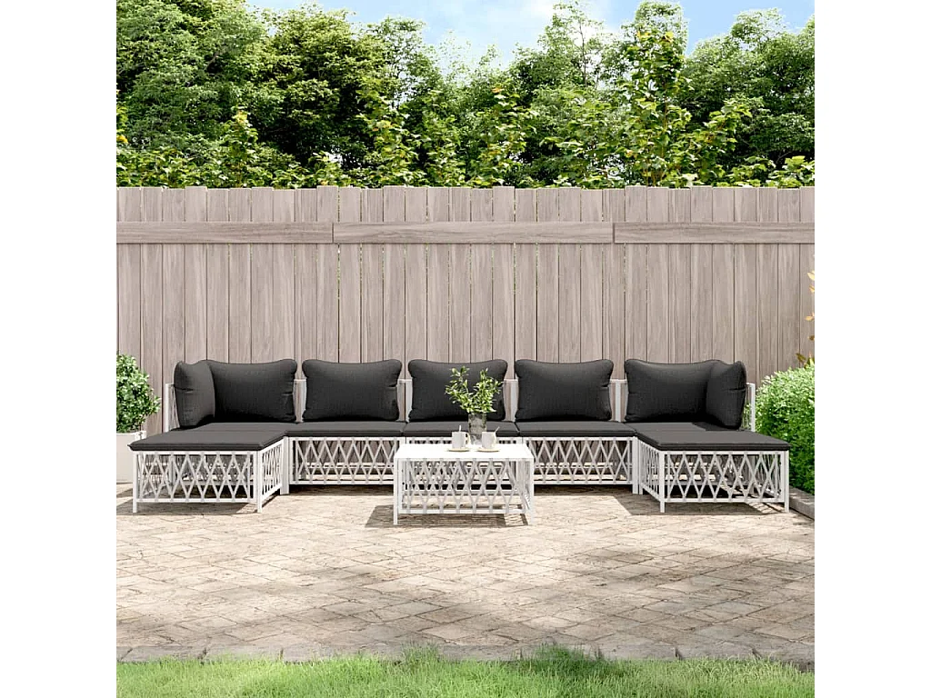 Salon de jardin 8 pcs avec coussins blanc acier