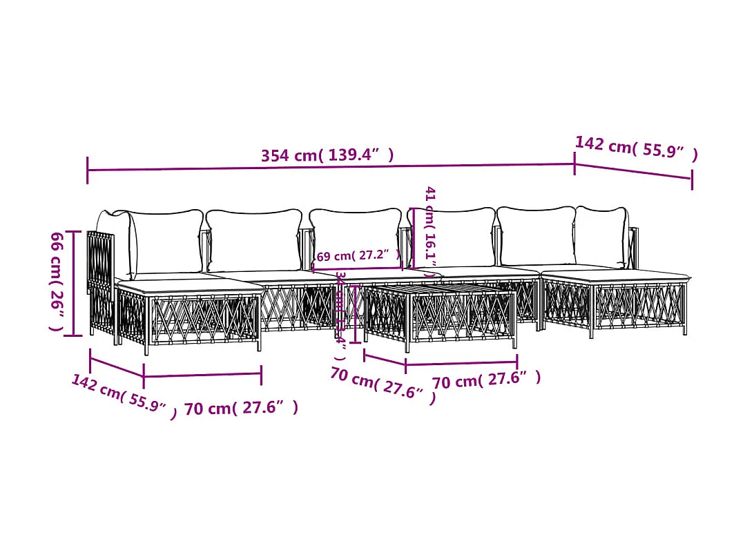 Salon de jardin 8 pcs avec coussins blanc acier