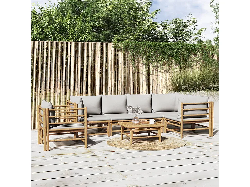7-tlg. Garten-Lounge-Set mit Hellgrauen Kissen Bambus