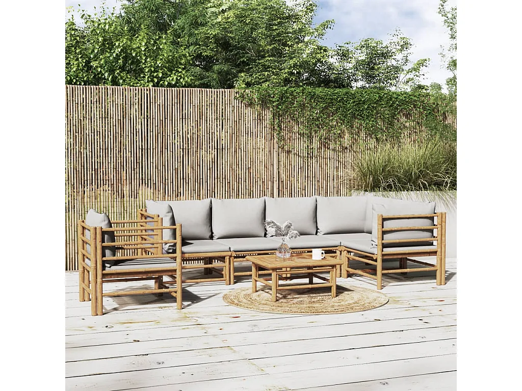 Set Salotto da Giardino 7pz con Cuscini Grigio Chiaro Bambù