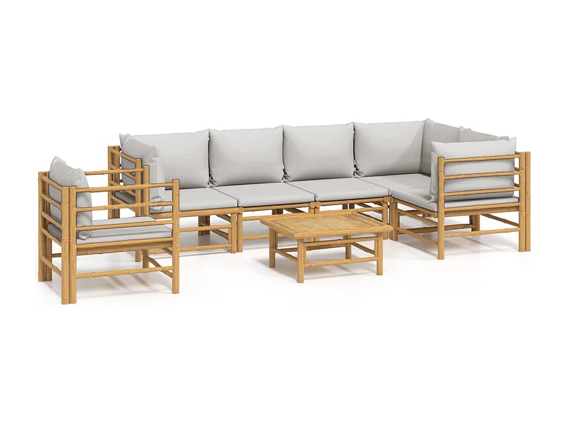 Salon de jardin 7 pcs avec coussins gris clair bambou