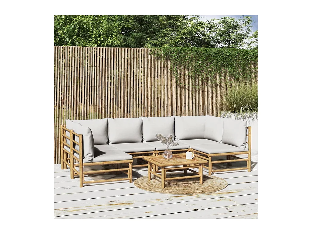 Salon de jardin 7 pcs avec coussins gris clair bambou