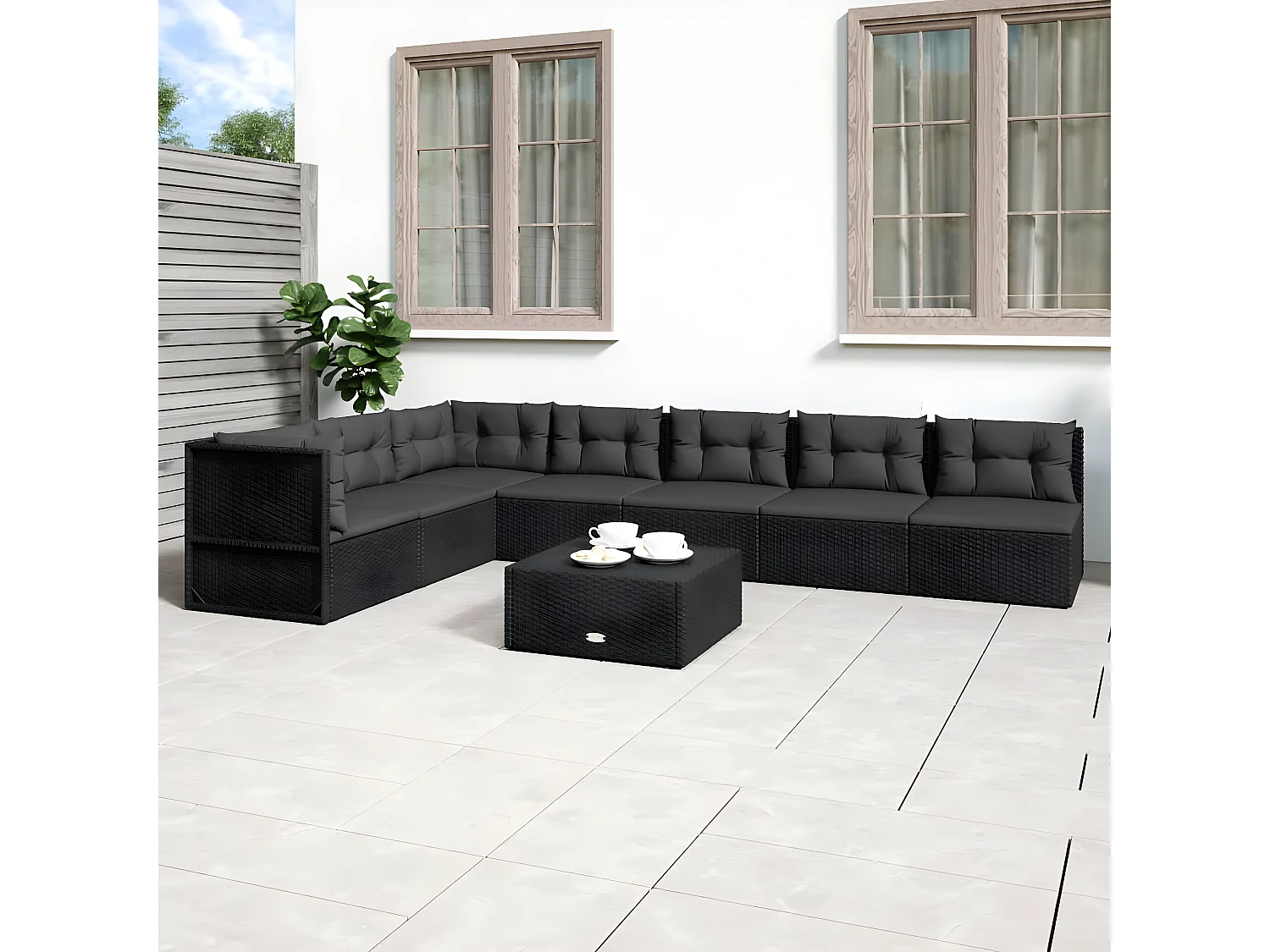 Salon de jardin 7 pcs avec coussins Noir Résine tressée