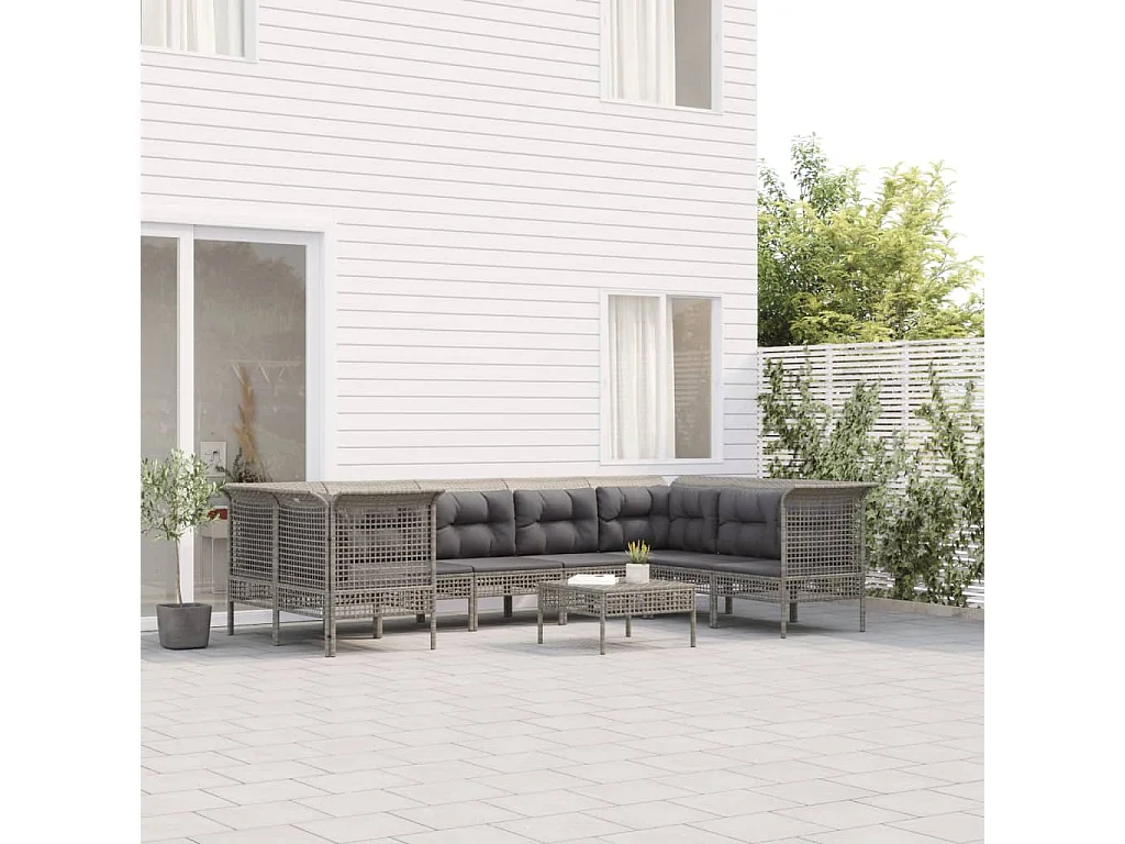 Salon de jardin 9 pcs avec coussins Gris Résine tressée