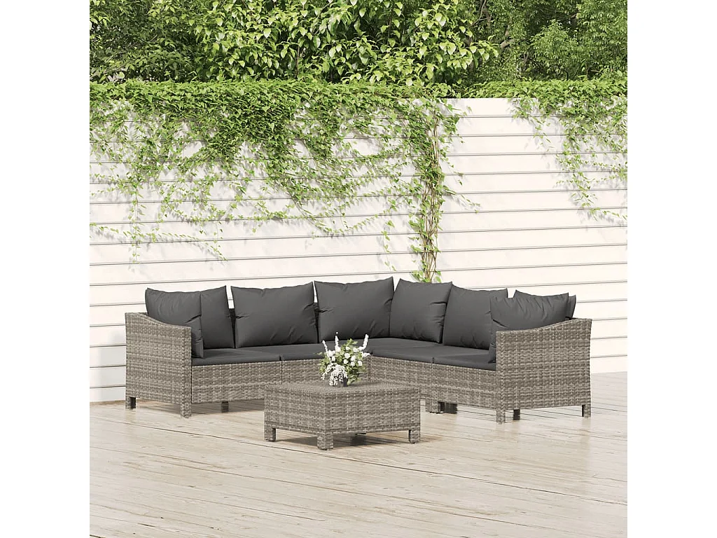 6-tlg. Garten-Lounge-Set mit Kissen Grau Poly Rattan