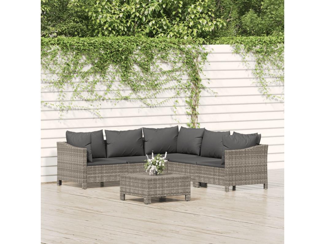 Salon de jardin 6 pcs avec coussins Gris Résine tressée