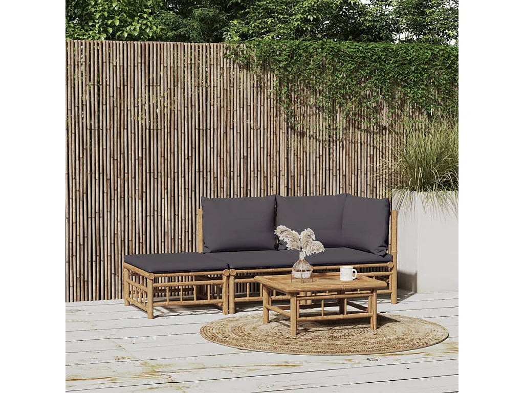 3pcs conj. lounge de jardim bambu c/ almofadões cinzento-escuro