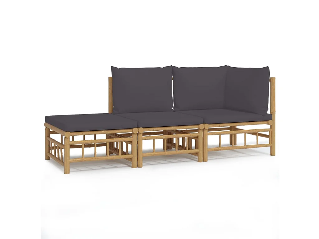 3pcs conj. lounge de jardim bambu c/ almofadões cinzento-escuro