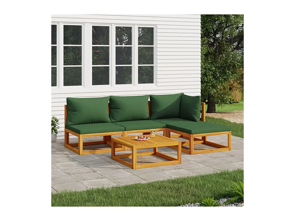 Set Salotto da Giardino 5pz con Cuscini Verdi Legno Massello