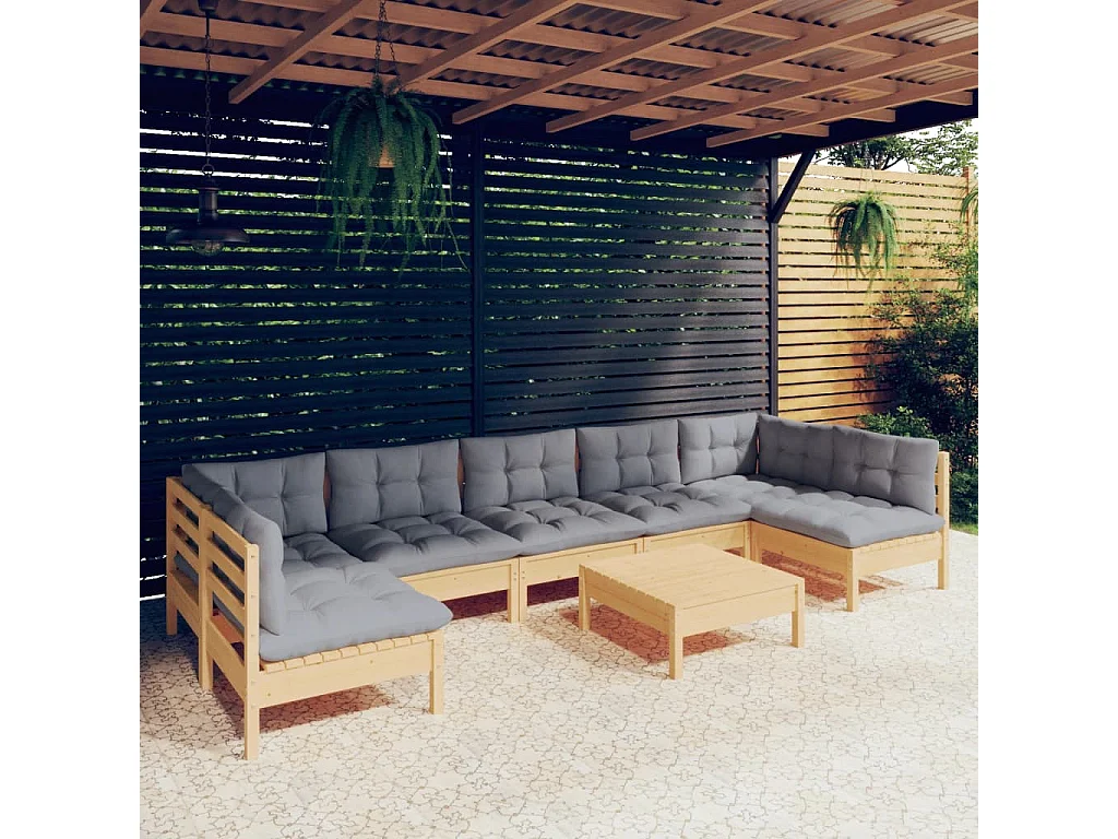 8-tlg. Garten-Lounge-Set mit Grauen Kissen Kiefer Massivholz
