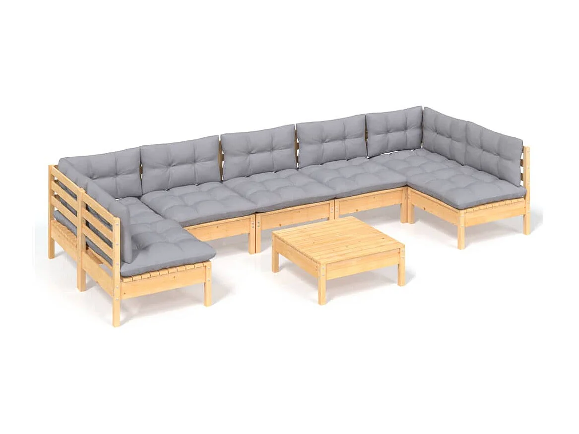 8-tlg. Garten-Lounge-Set mit Grauen Kissen Kiefer Massivholz