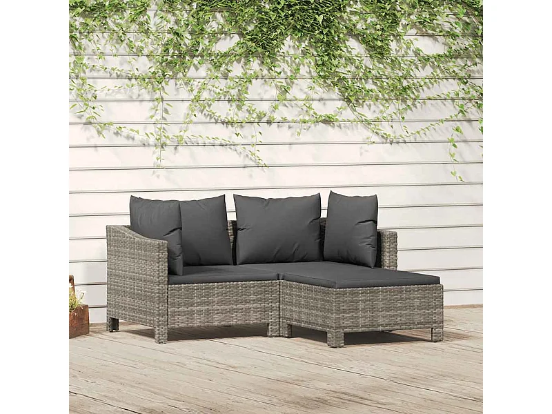 3-tlg. Garten-Lounge-Set mit Kissen Grau Poly Rattan
