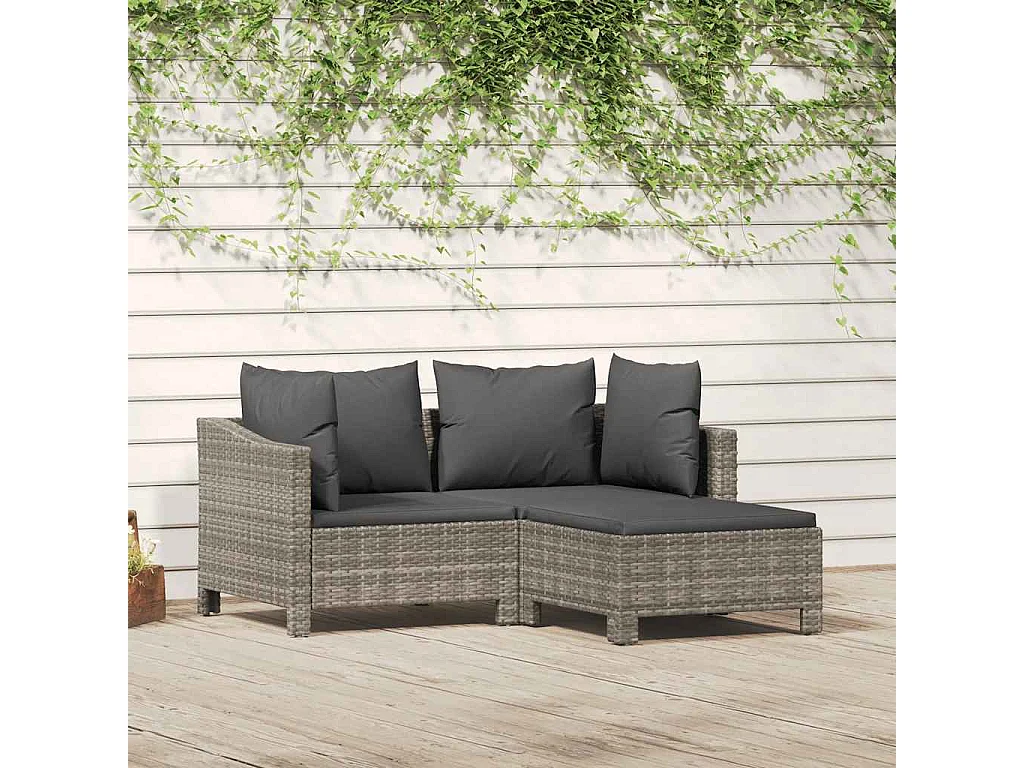 Set Divani da Giardino 3 pz con Cuscini in Polyrattan Grigio