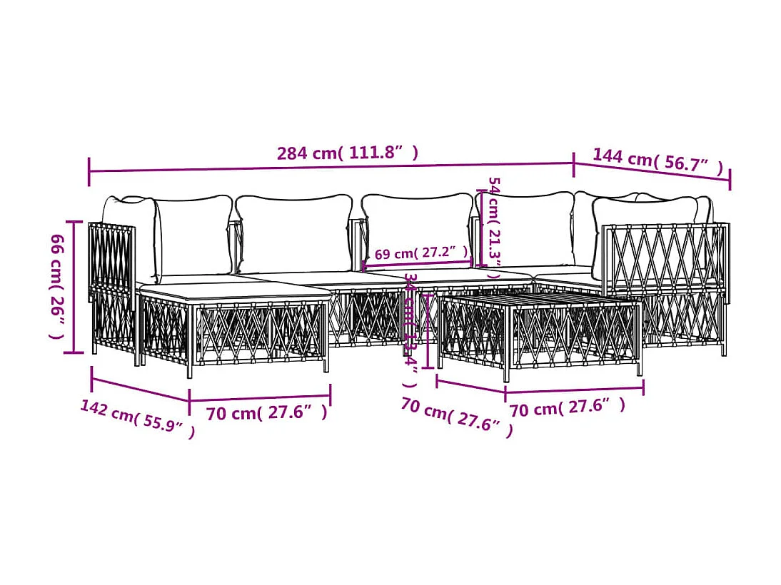 Salon de jardin 7 pcs avec coussins blanc acier