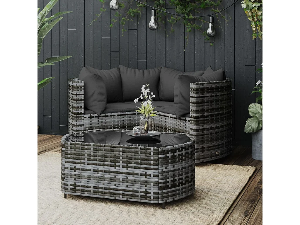 Salon de jardin 4 pcs avec coussins Gris Résine tressée