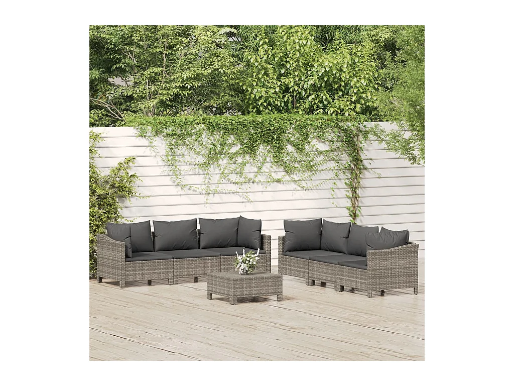 Salon de jardin 7 pcs avec coussins Gris Résine tressée