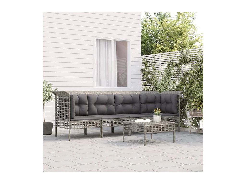 Salon de jardin 5 pcs avec coussins Gris Résine tressée