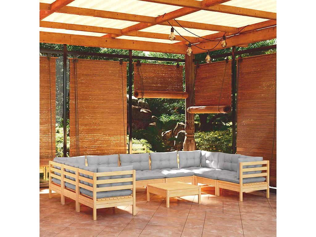 10-tlg. Garten-Lounge-Set mit Grauen Kissen Kiefernholz