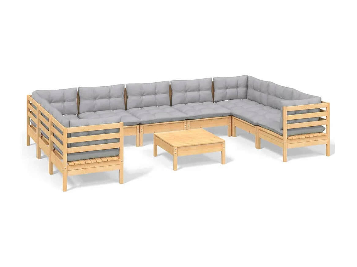 10-tlg. Garten-Lounge-Set mit Grauen Kissen Kiefernholz