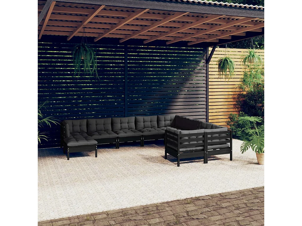 Salon de jardin 10 pcs avec coussins Noir Bois de pin