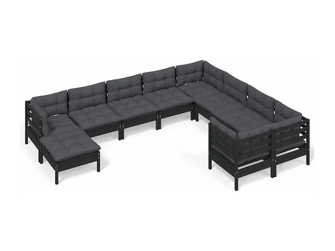 Salon de jardin 10 pcs avec coussins Noir Bois de pin