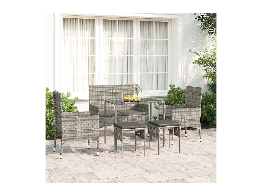 6-tlg. Garten-Lounge-Set mit Kissen Grau Poly Rattan