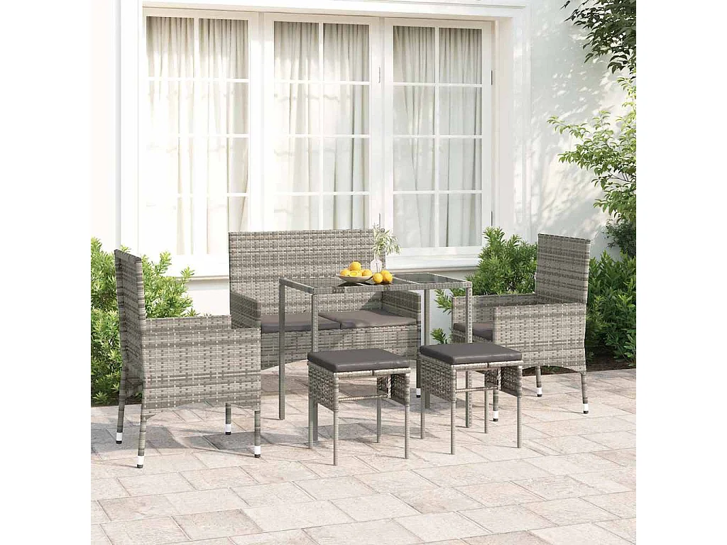 Salon de jardin 6 pcs avec coussins Gris Résine tressée