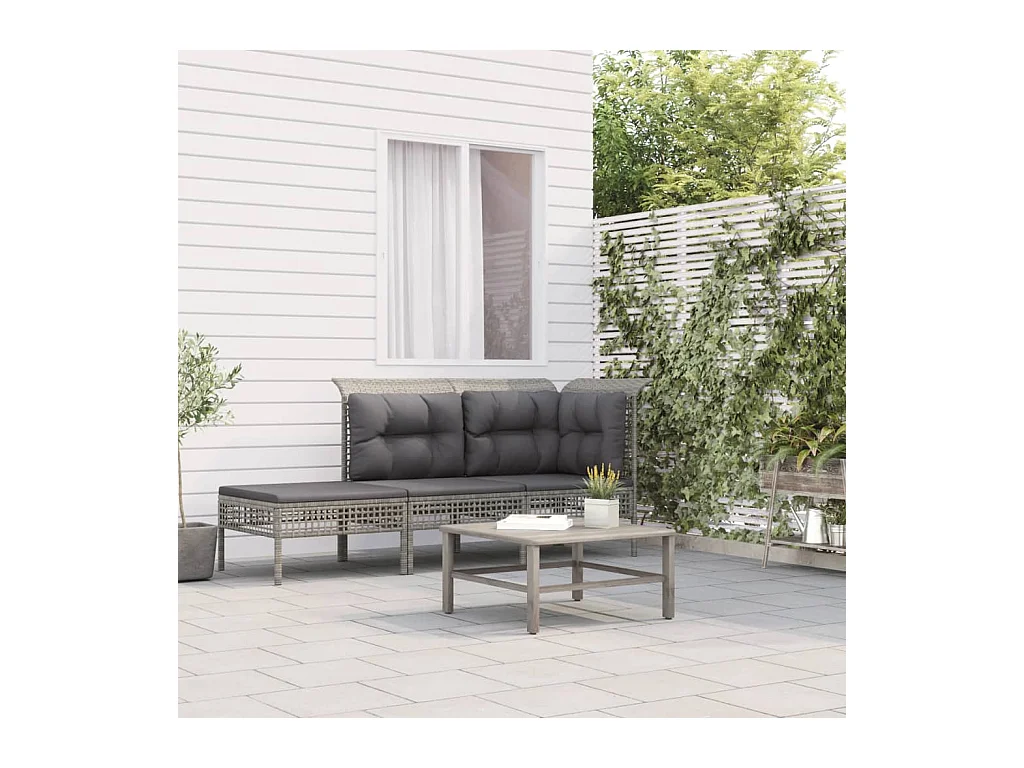 Salon de jardin 3 pcs avec coussins Gris Résine tressée