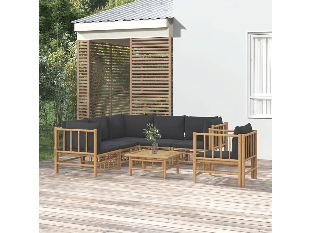 Salon de jardin 7 pcs avec coussins gris foncé bambou
