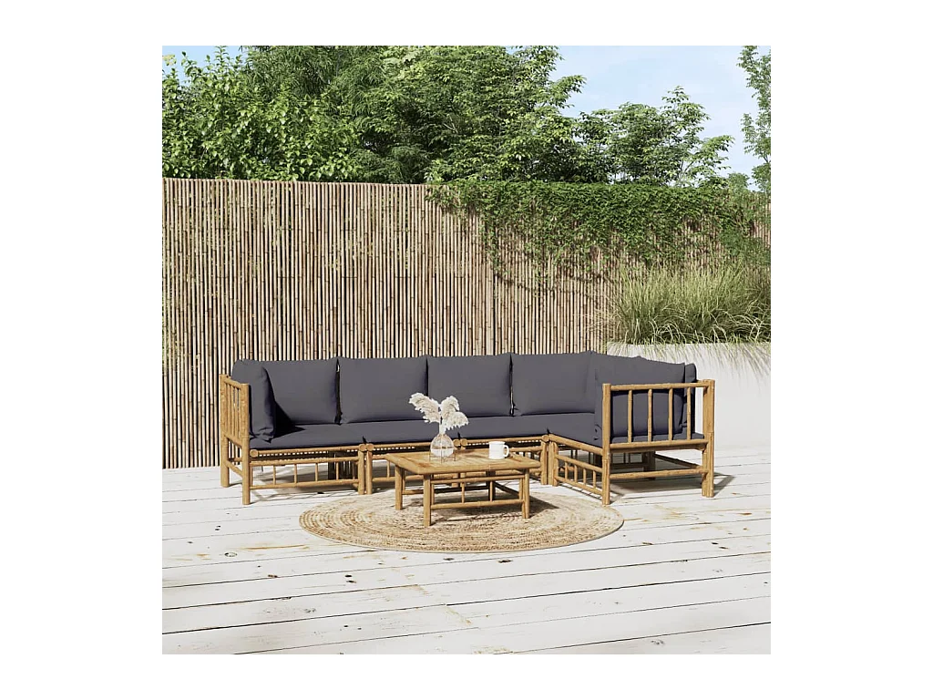 Salon de jardin 6 pcs avec coussins gris foncé bambou