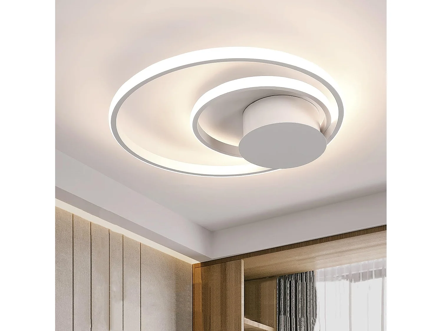 Plafonnier led dimmable 30w moderne cercle anneaux, blanc, 40+25cm, 3000k-6000k, avec télécommande