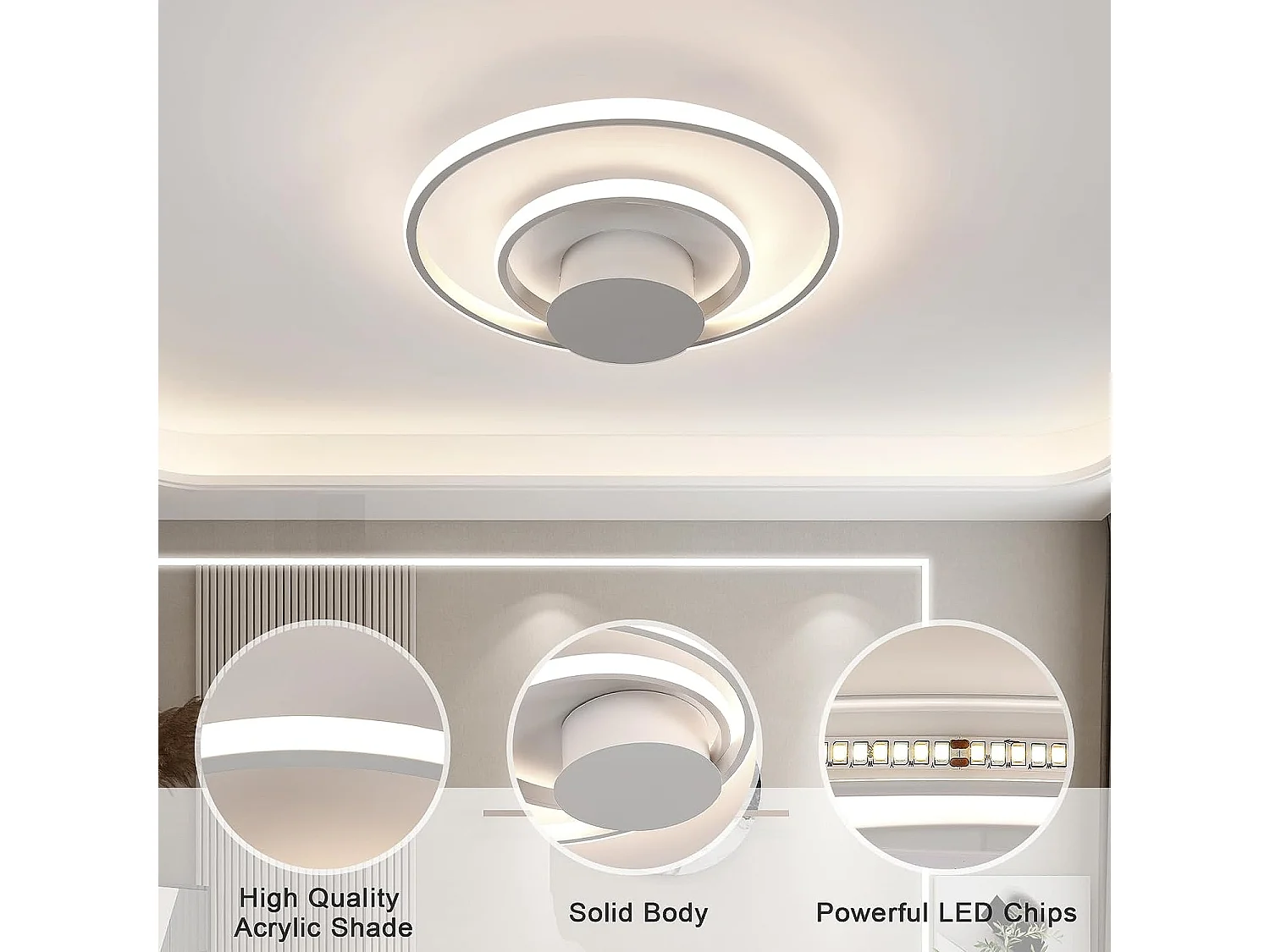 Plafonnier led dimmable 30w moderne cercle anneaux, blanc, 40+25cm, 3000k-6000k, avec télécommande