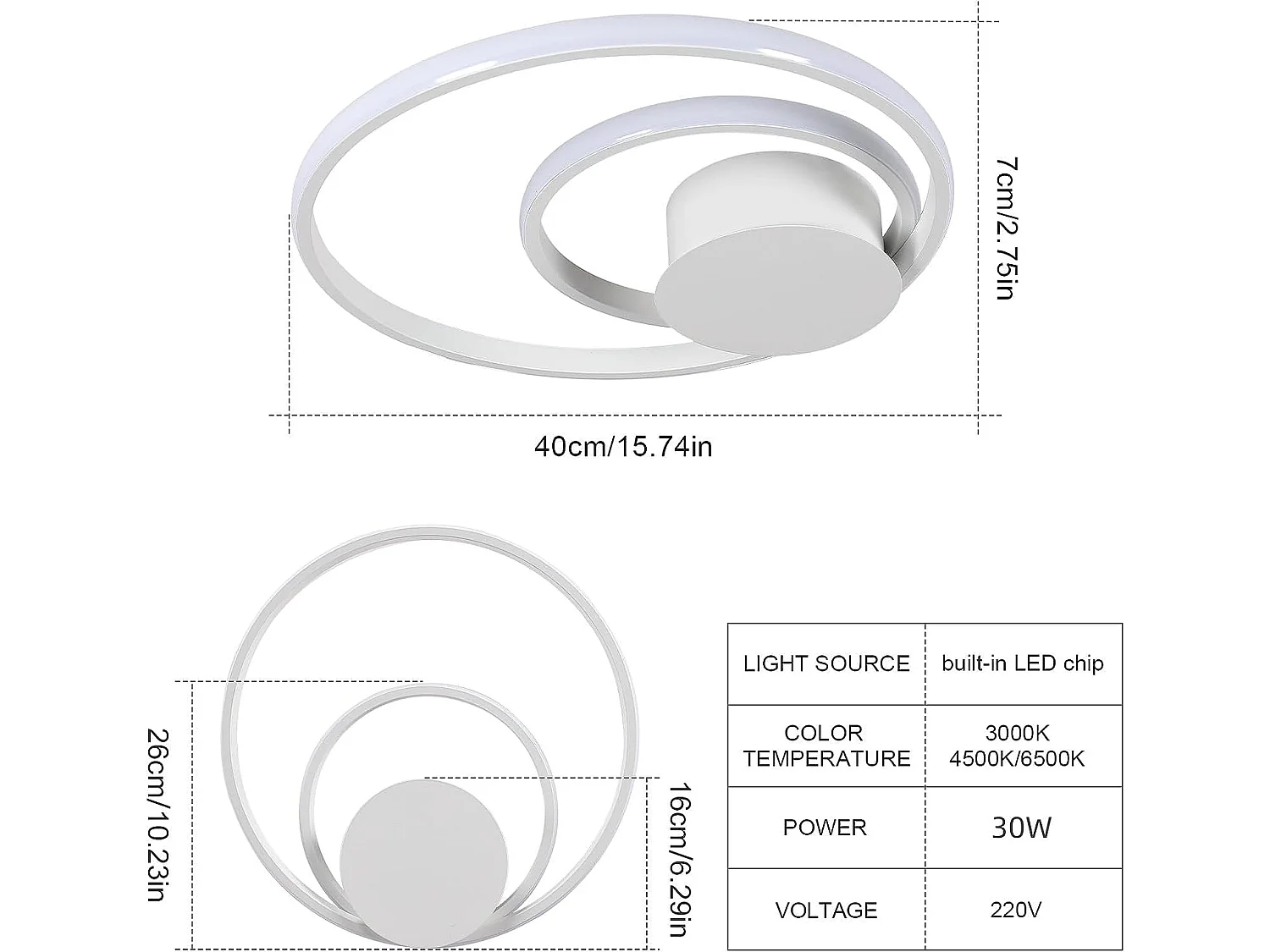Plafonnier led dimmable 30w moderne cercle anneaux, blanc, 40+25cm, 3000k-6000k, avec télécommande