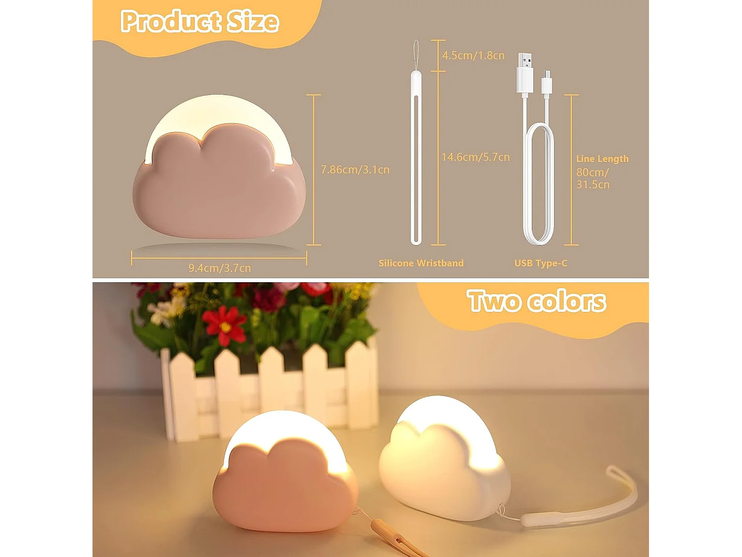 Veilleuse enfant avec fonction de gradation bouton, 94.2*78.6*36mm, rechargeable usb