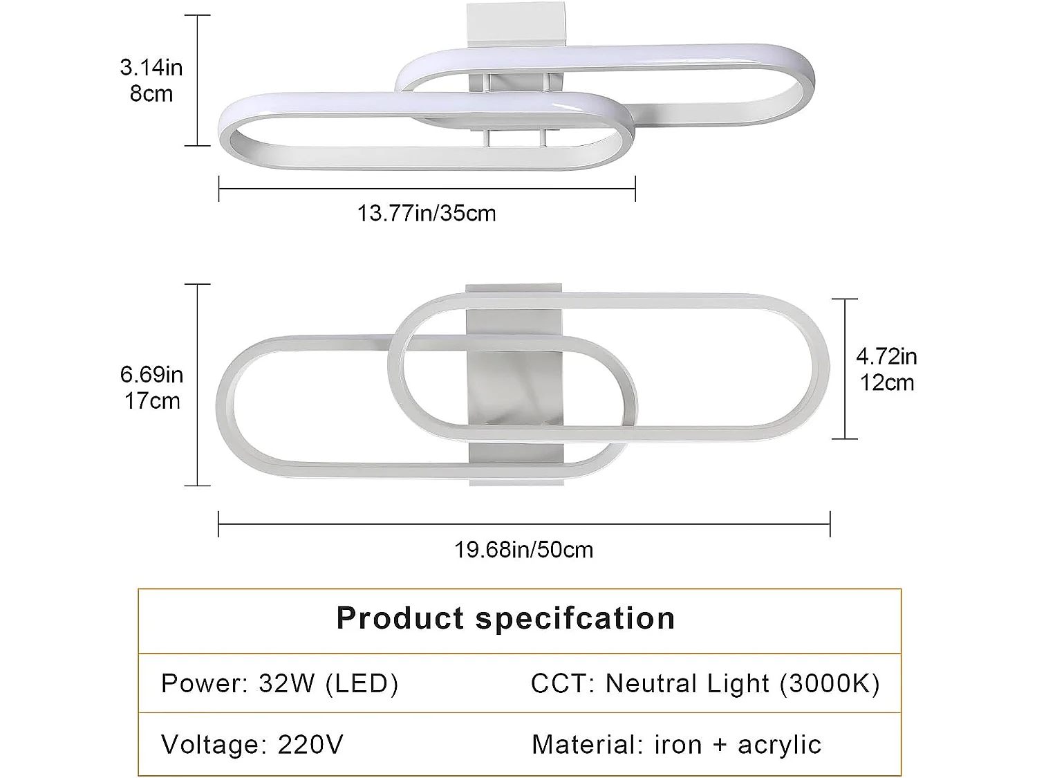 Luz del techo LED 32W 3600LM moderno, blanco, 50.5*17*8cm, en acrílico, luz blanca cálida