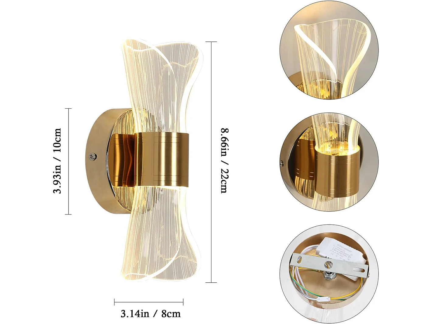 Applique murale intérieur led dimmable moderne, or, 22*10*8cm, 12w design créatif, 2700K-6500K