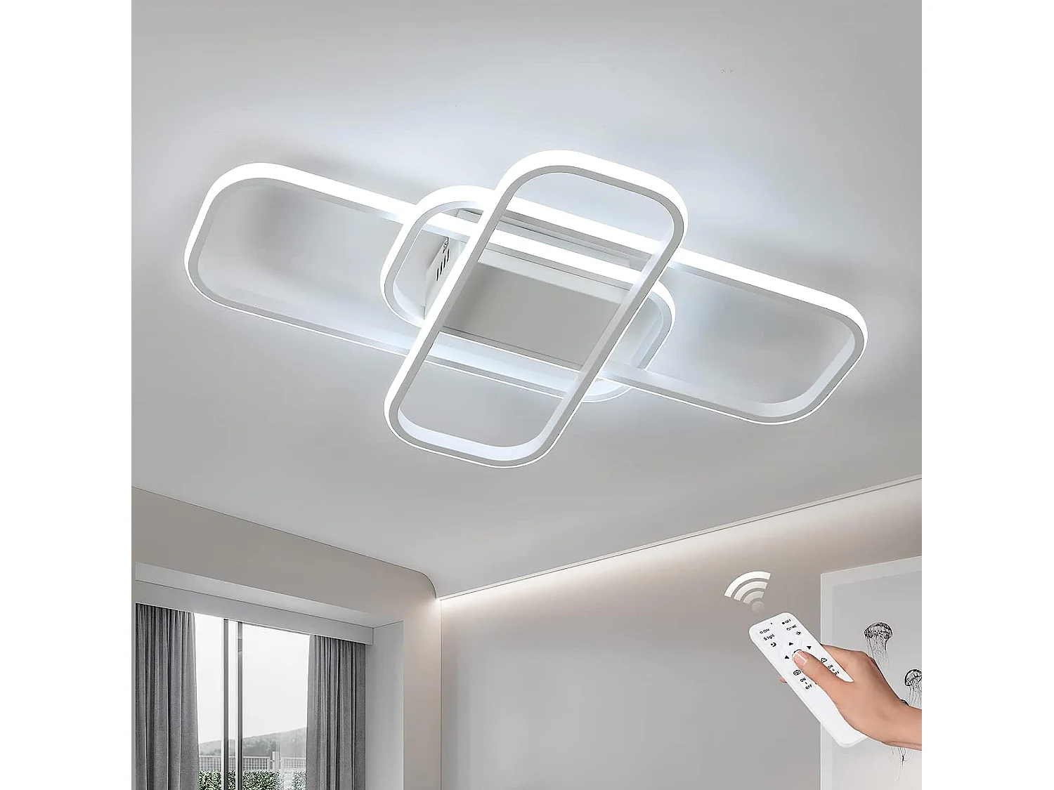 Plafonnier led moderne rectangulaire dimmable, 55*35*7cm, blanc, 44w, avec télécommande