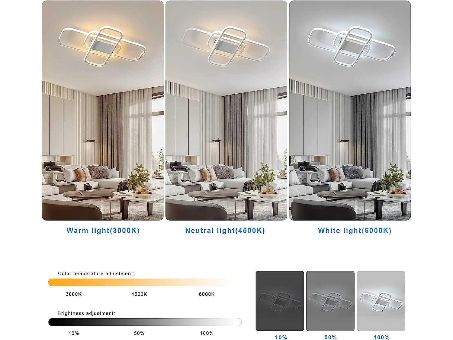 Plafonnier led moderne rectangulaire dimmable, 55*35*7cm, blanc, 44w, avec télécommande