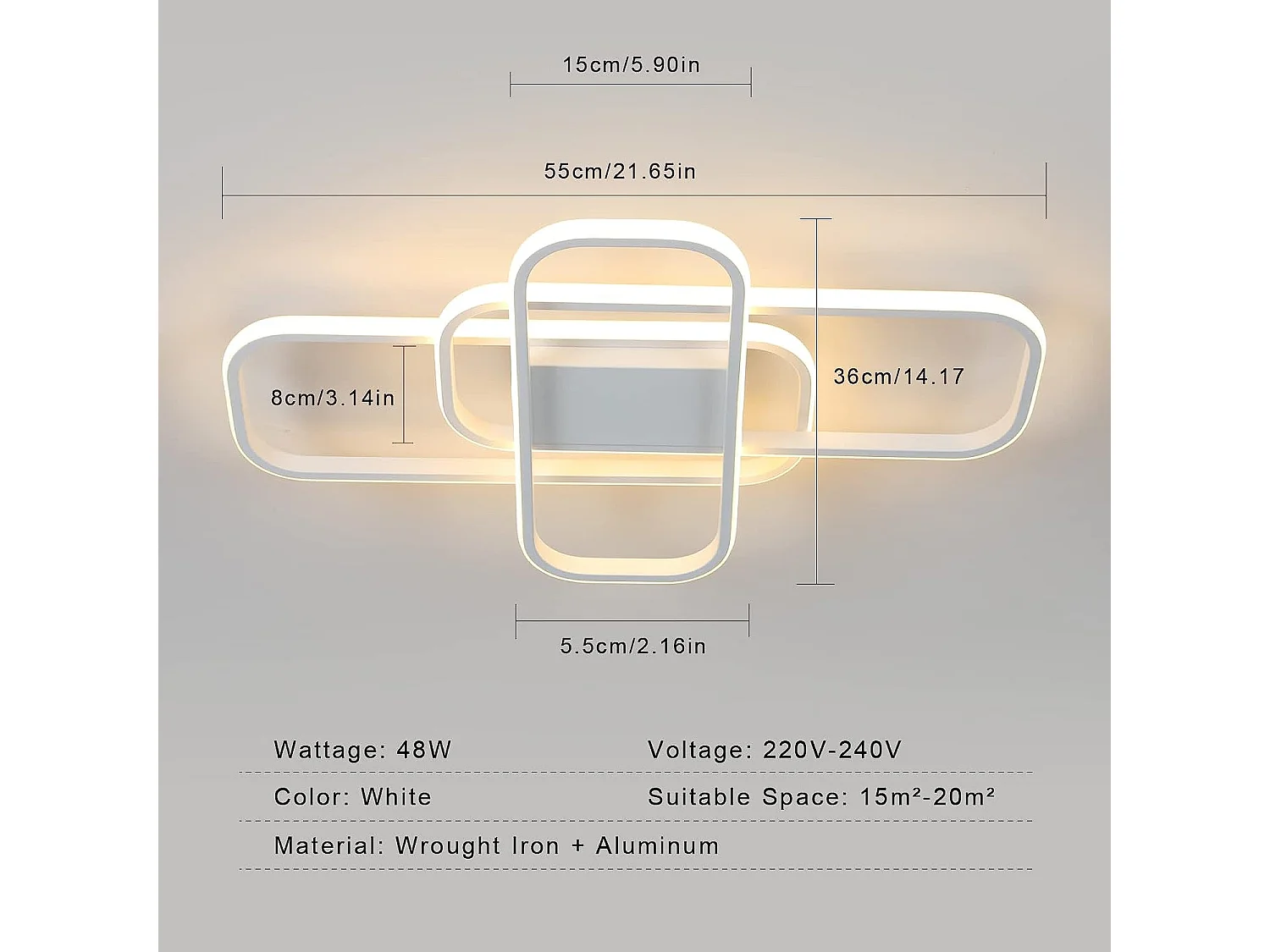Plafonnier led moderne rectangulaire dimmable, 55*35*7cm, blanc, 44w, avec télécommande